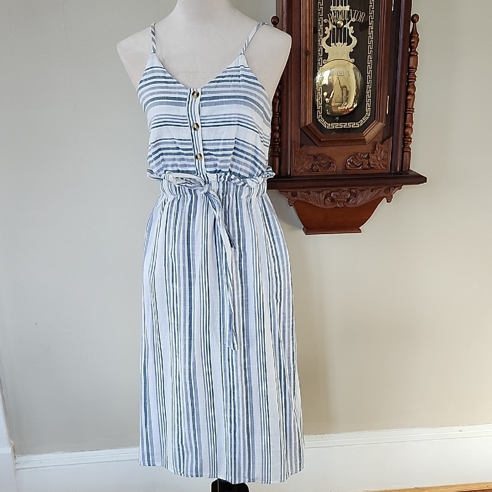 Japna Cotton Striped Blue and White Sleeveless Midi Dress, M